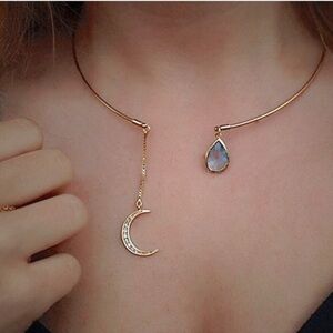 Elegant Gold Tone Blue Teardrop and Crescent Moon Open Front Necklace/Choker